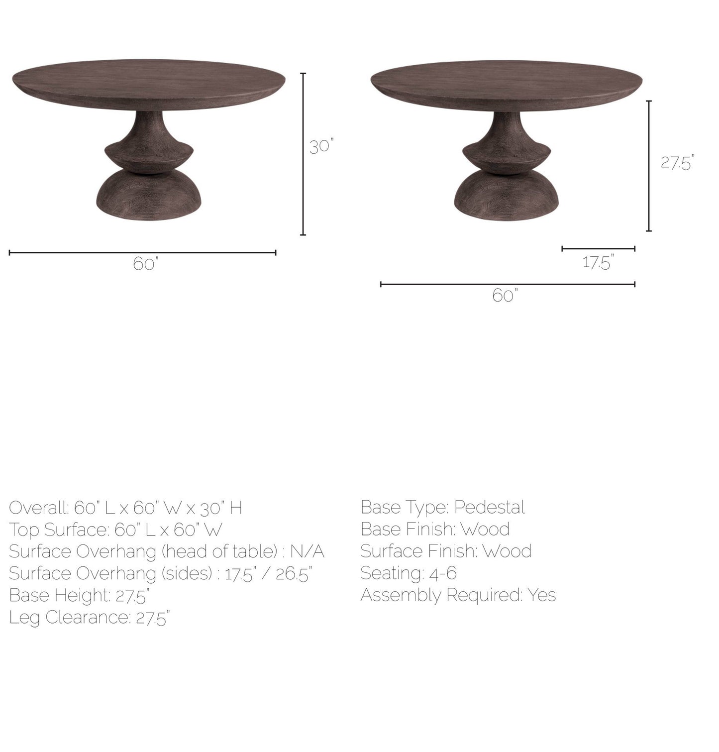 Crossman 60" Round Dark Brown/Gray Solid Wood Dining Table with Matching Base