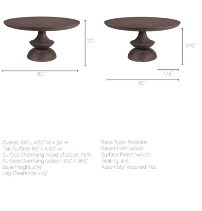 Crossman 60" Round Dark Brown/Gray Solid Wood Dining Table with Matching Base