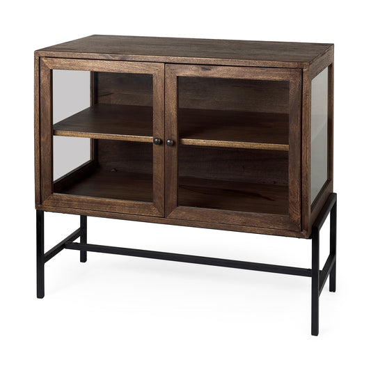 Arelius Medium Brown Wood Accent Cabinet – Glass Doors & Black Metal Base