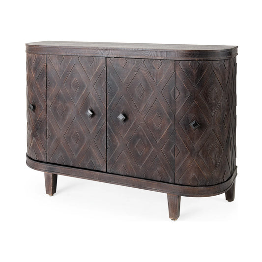 Lennon Accent Cabinet – Elegant 47" Curved Storage with Diamond Detailing & Dark Brown Finish for Versatile Styling