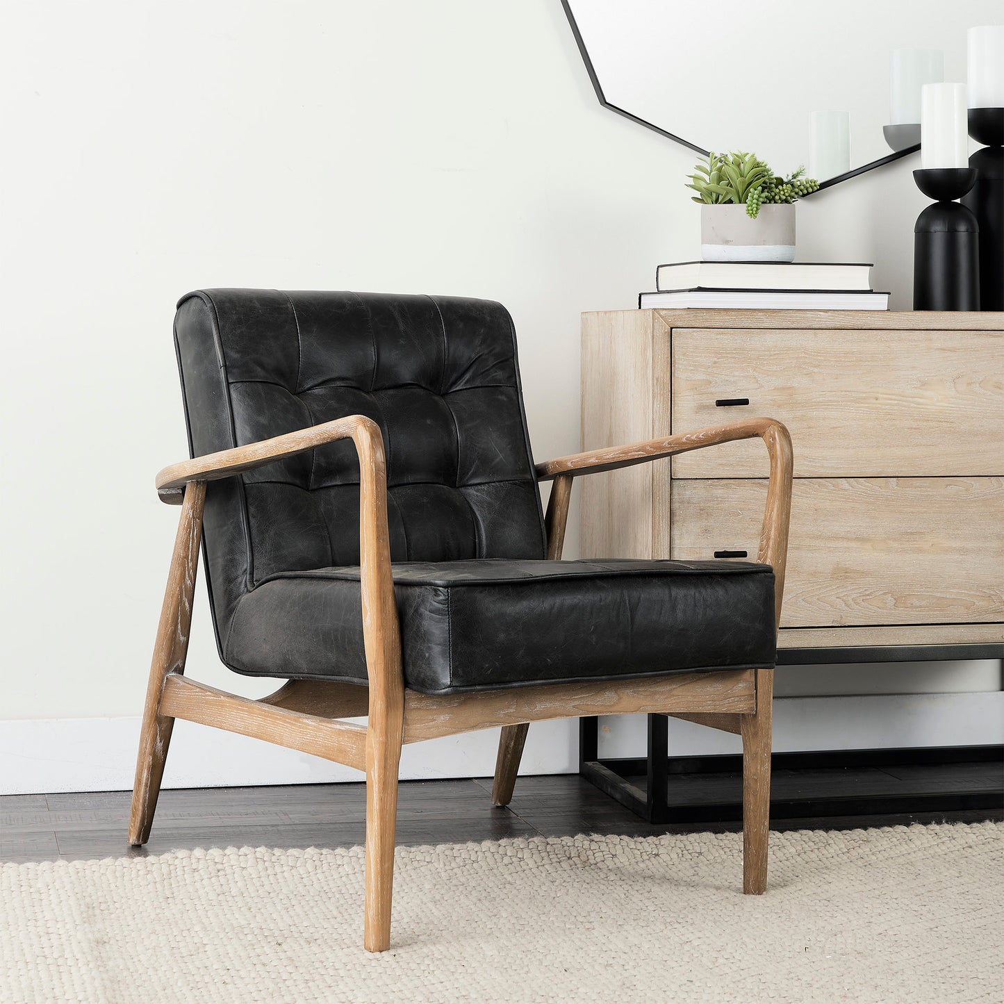 Phineas Black Leather with Brown Wooden Frame Accent Chair