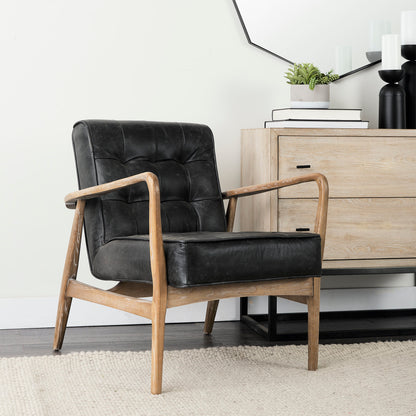 Phineas Black Leather with Brown Wooden Frame Accent Chair