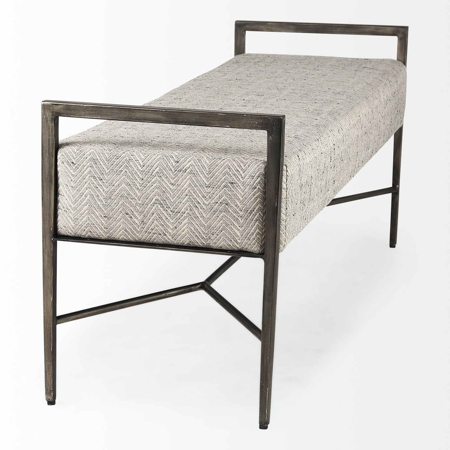 Charlotte Gray Herringbone Fabric Seat w/ Antique Nickel Metal Frame Bench