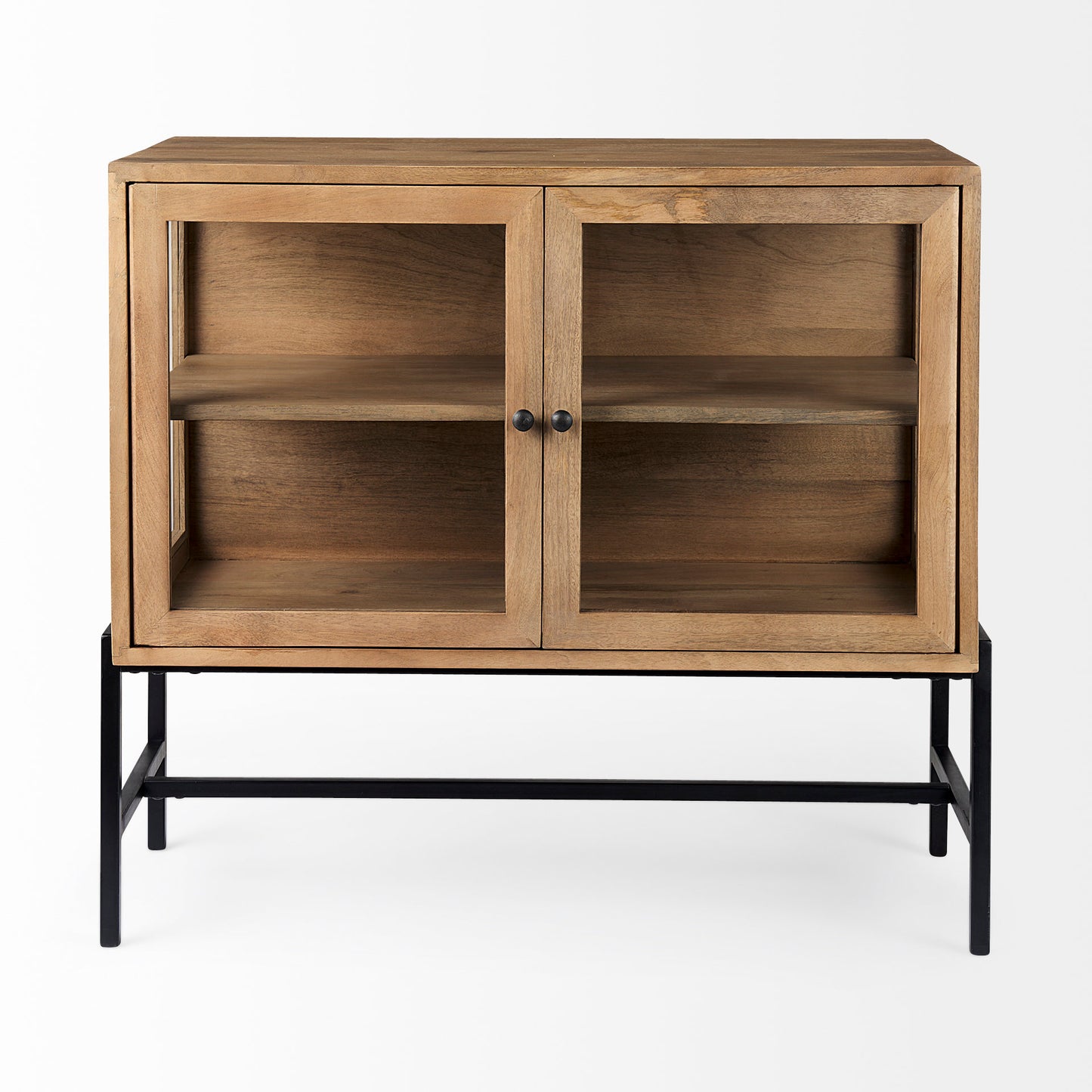 Arelius Medium Brown Wood Accent Cabinet – Glass Doors & Black Metal Base