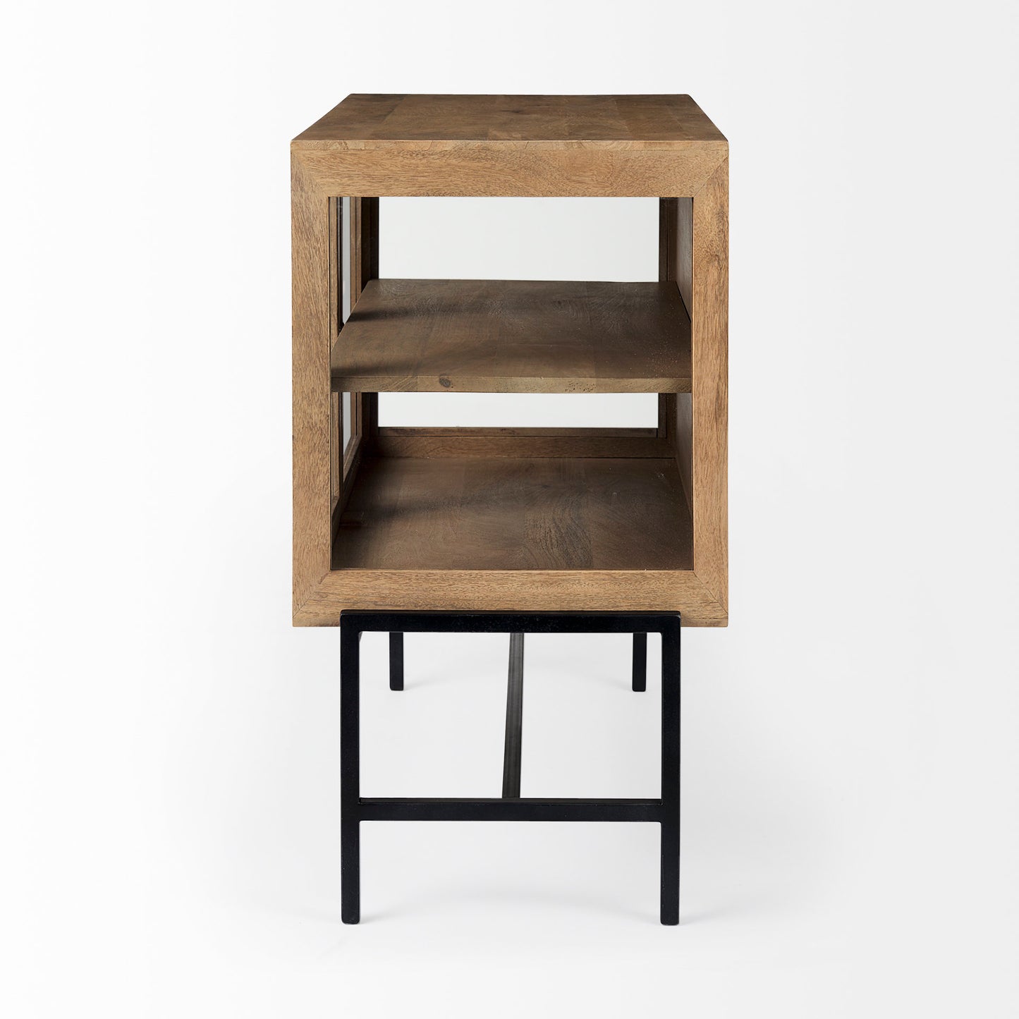 Arelius Medium Brown Wood Accent Cabinet – Glass Doors & Black Metal Base
