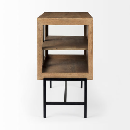 Arelius Medium Brown Wood Accent Cabinet – Glass Doors & Black Metal Base
