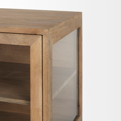 Arelius Medium Brown Wood Accent Cabinet – Glass Doors & Black Metal Base