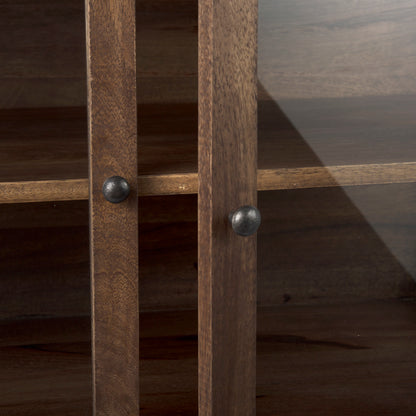 Arelius Medium Brown Wood Accent Cabinet – Glass Doors & Black Metal Base