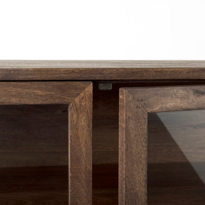 Arelius Medium Brown Wood Accent Cabinet – Glass Doors & Black Metal Base
