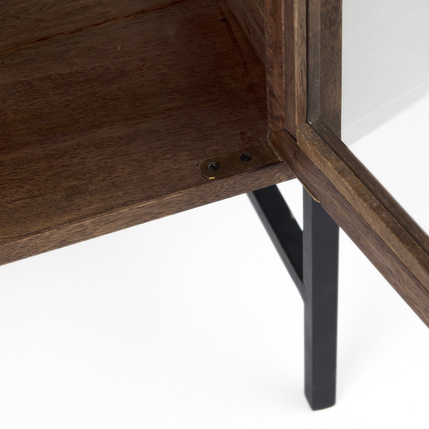 Arelius Medium Brown Wood Accent Cabinet – Glass Doors & Black Metal Base