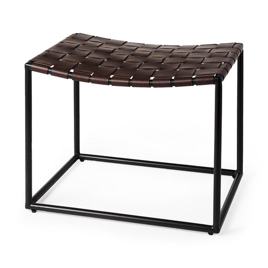 Clarissa Brown Leather Woven Seat W/ Black Metal Frame Stool