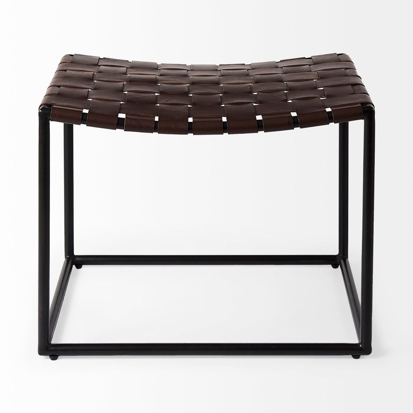 Clarissa Brown Leather Woven Seat W/ Black Metal Frame Stool