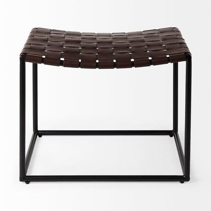 Clarissa Brown Leather Woven Seat W/ Black Metal Frame Stool