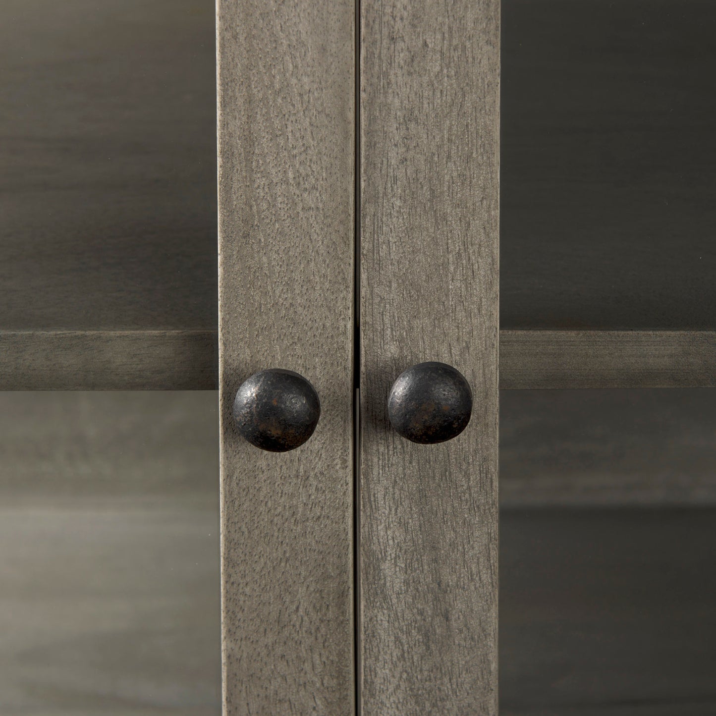 Arelius Medium Brown Wood Accent Cabinet – Glass Doors & Black Metal Base