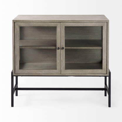 Arelius Medium Brown Wood Accent Cabinet – Glass Doors & Black Metal Base