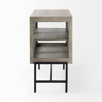 Arelius Medium Brown Wood Accent Cabinet – Glass Doors & Black Metal Base