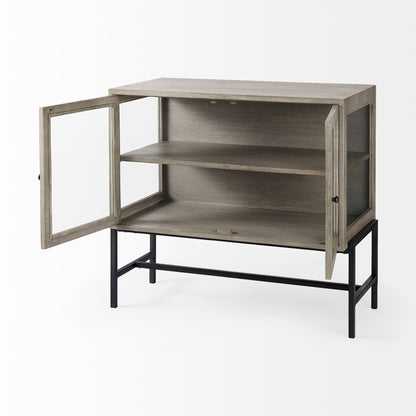 Arelius Medium Brown Wood Accent Cabinet – Glass Doors & Black Metal Base
