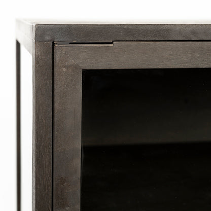 Arelius Medium Brown Wood Accent Cabinet – Glass Doors & Black Metal Base