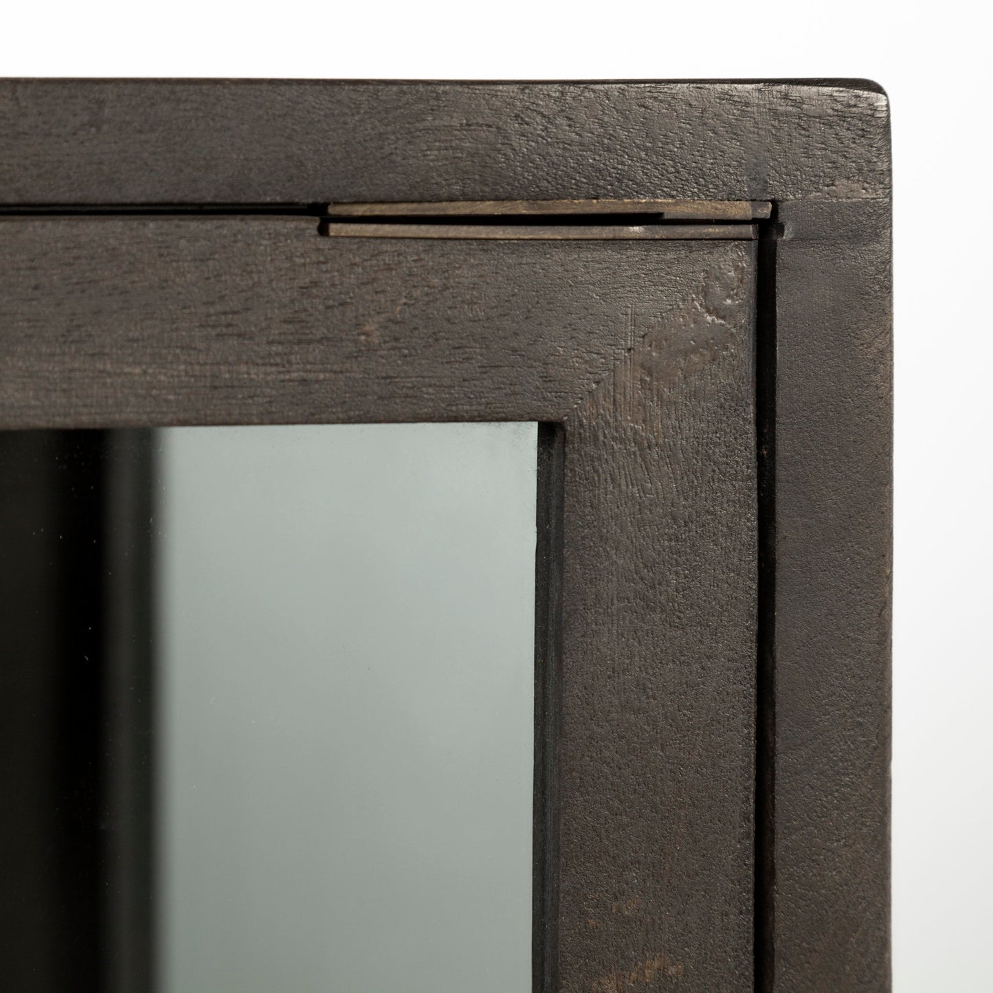 Arelius Medium Brown Wood Accent Cabinet – Glass Doors & Black Metal Base