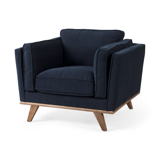 Modern Fabric Accent Chair – Brooks Navy Blue Upholstery & Wooden Base