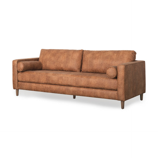 Loretta Cognac Brown Faux Leather Three Seater Sofa with Two Bolster Cushions
