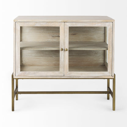Arelius Medium Brown Wood Accent Cabinet – Glass Doors & Black Metal Base