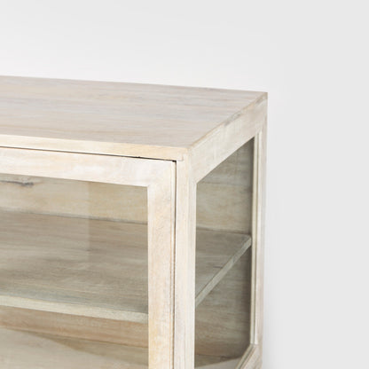 Arelius Medium Brown Wood Accent Cabinet – Glass Doors & Black Metal Base