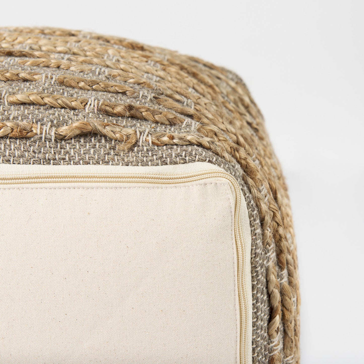 Binita Gray/Brown Pouf – Handwoven Hemp, Wool & Cotton Ottoman