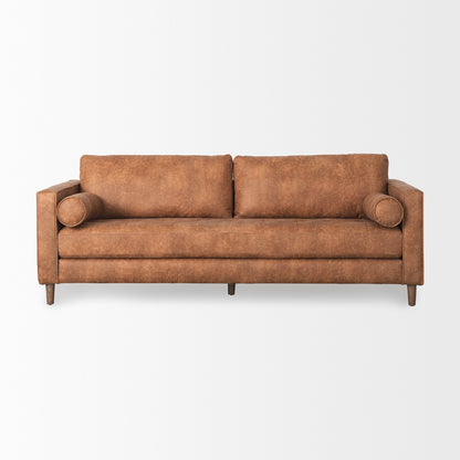 Loretta Cognac Brown Faux Leather Three Seater Sofa with Two Bolster Cushions