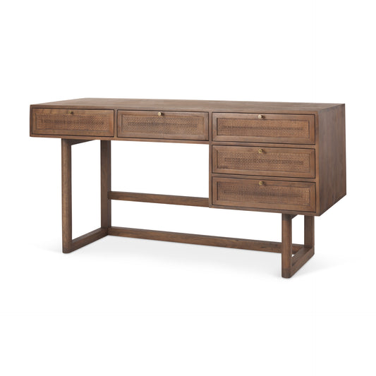 Grier Medium Brown Solid Wood Desk with Cane - Elegant and Functional Office Furniture