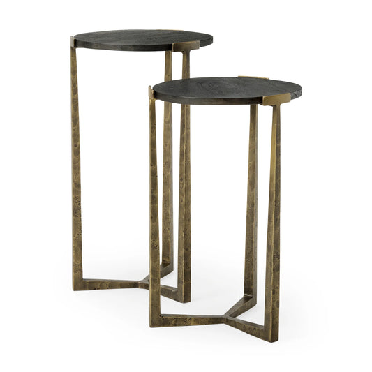 Atticus Nesting Side Tables – Modern Accent Tables with Textured Finish for Contemporary Spaces – Black Wood & Antiqued Gold Hammered Metal – Set of 2