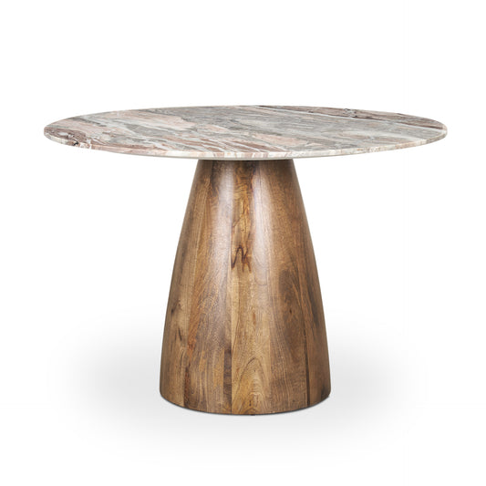 Allyson Round Medium Brown Dining Table with Pink Marble Pedestal for Elegant and Contemporary Dining Spaces