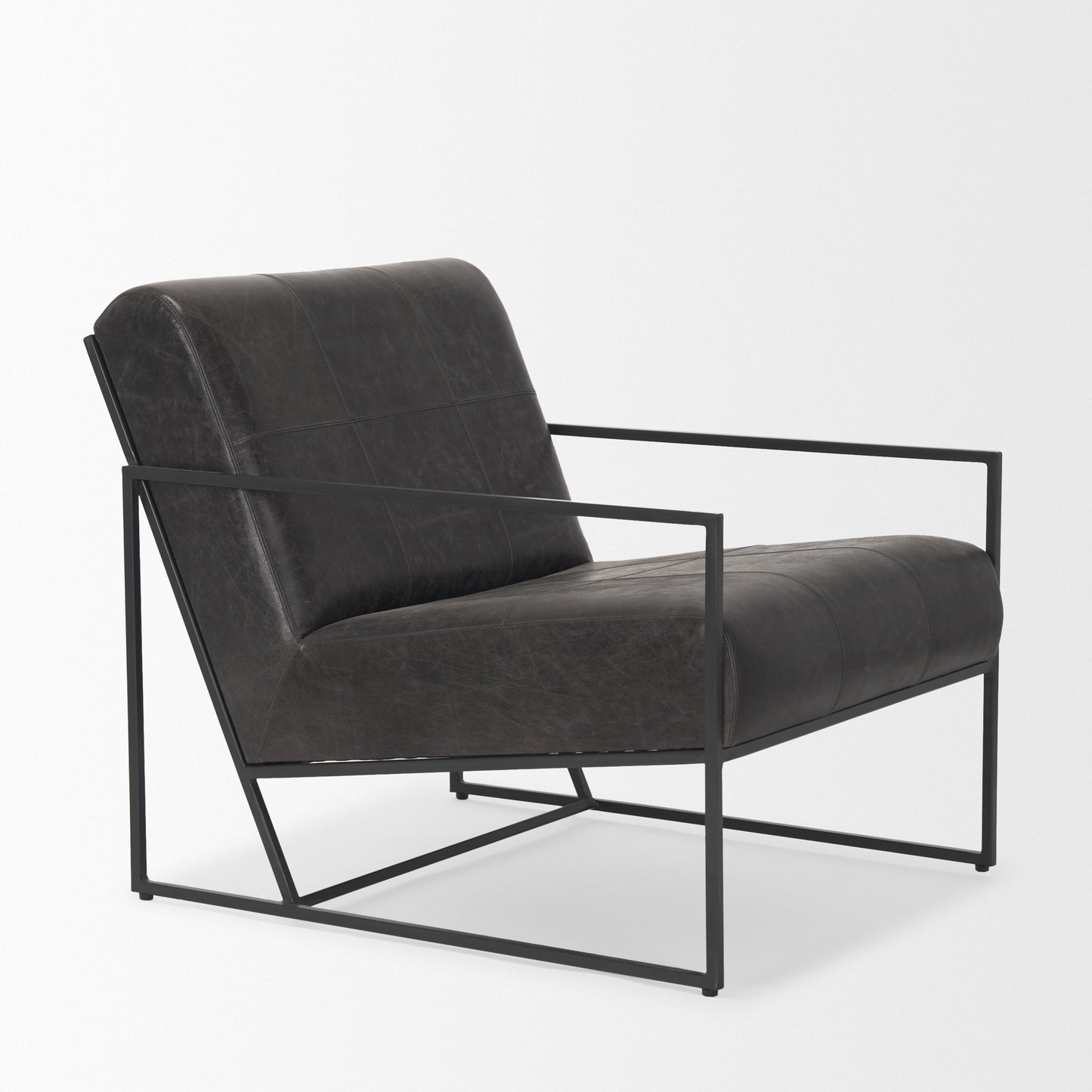 Stratton Gunmetal Genuine Aged Black Leather Upholstered Accent Chair