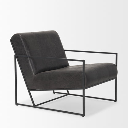 Stratton Gunmetal Genuine Aged Black Leather Upholstered Accent Chair