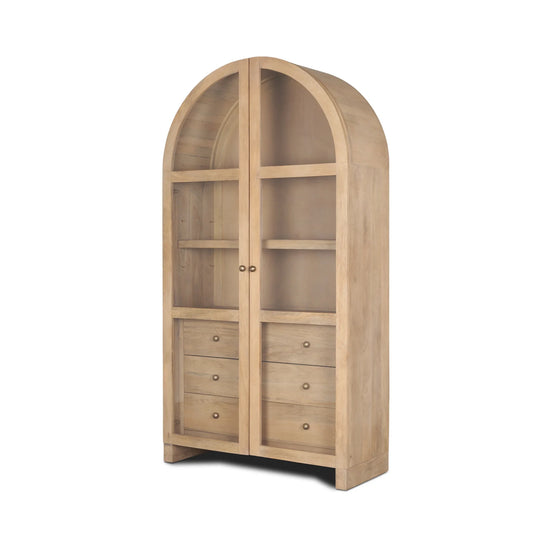 Suri Curio Cabinet – Elegant Arched Design in Solid Mango Wood with Glass Doors and Brass Knobs for Refined Storage and Display