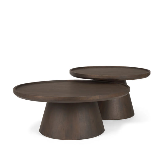 Takoda Stylish Dark Brown Wood Nesting Coffee Tables with Tapered Bases & Round Tray Design