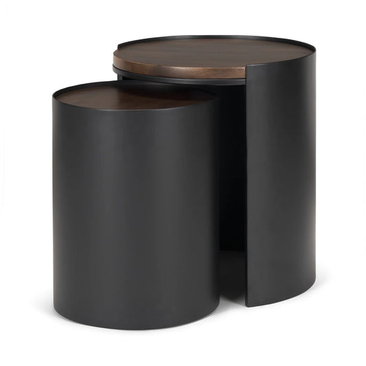 Varden Chic Matte Black Metal Nesting Tables with Elegant Dark Brown Wood Top for Modern Spaces