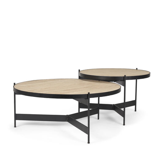 Wade Nesting Coffee Tables Set - Elegant Round Travertine Stone Tops with Sleek Black Metal Frames