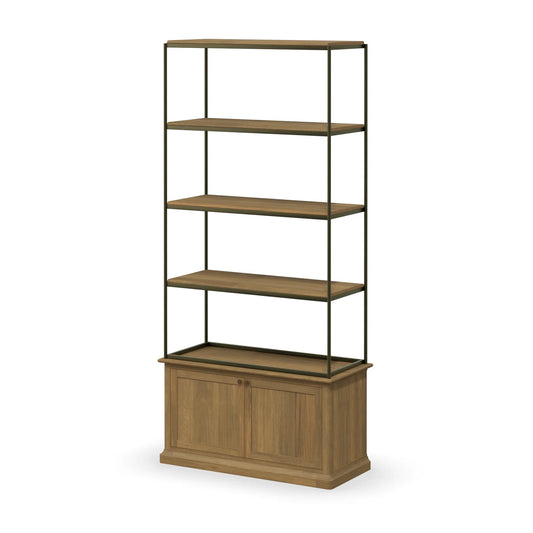 Braxton Three Shelf Shelving Unit – Solid Mango Wood with Brass Accents for Stylish Storage Solutions - Light Brown Wood with Dark Aged Brass Metal