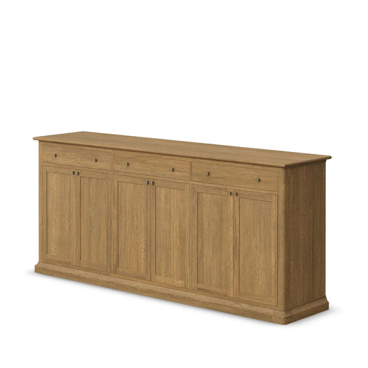 Braxton Elegant 3 Drawer Sideboard with 6 Doors - Perfect Storage Solution for Modern Homes - Light Brown Solid Wood with Antiqued Brass Knobs