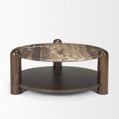 Jovia Brown Mango Wood W/ Cappuccino Marble Round Coffee Table