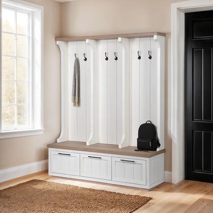 Fairview White & Brown Wood Hall Tree with Storage – Entryway Organizer