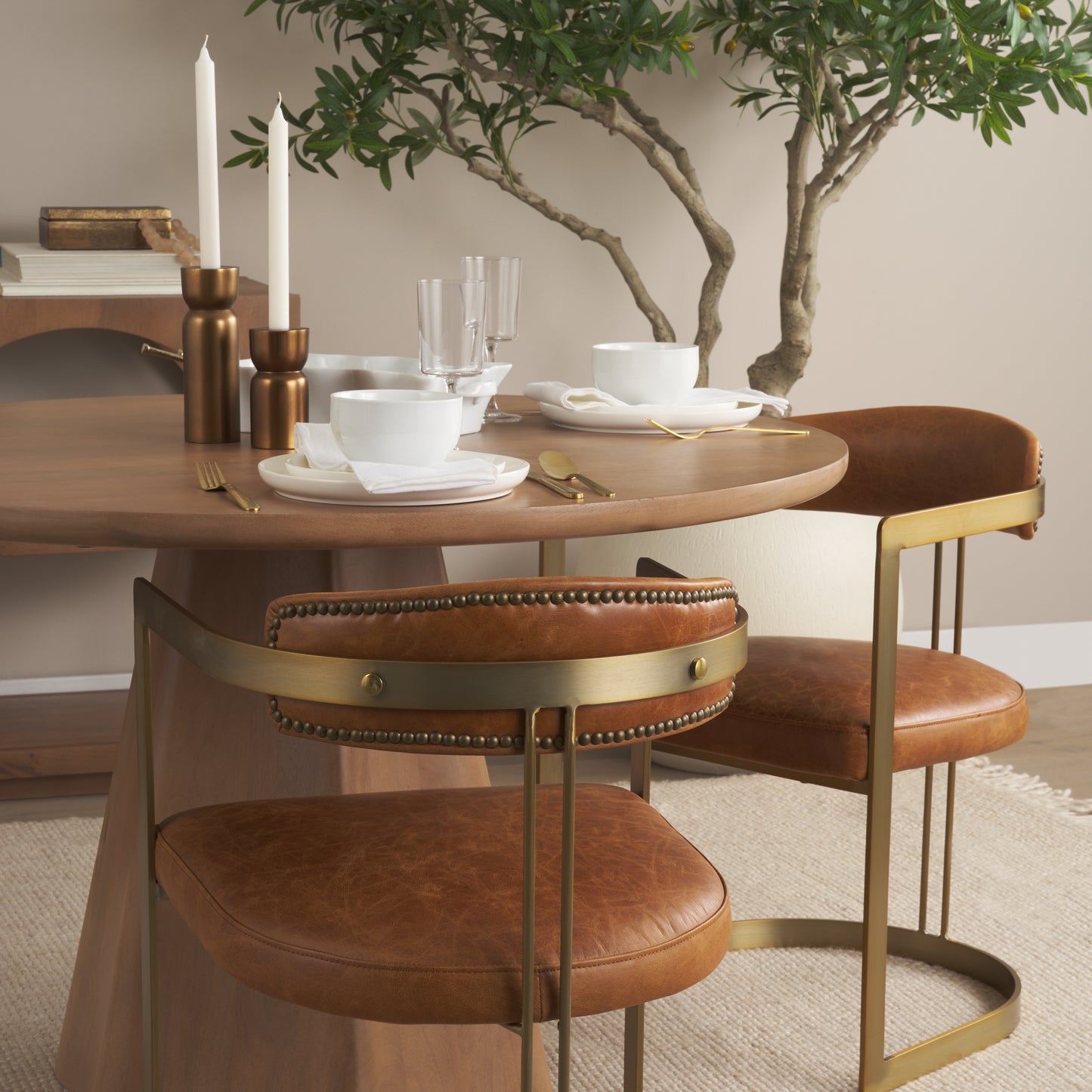 Modern Leather Dining Chair – Hollyfield Brown Seat & Gold Metal Frame