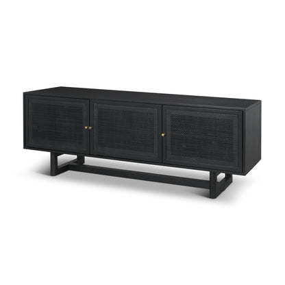 Grier 65 Inch Black Solid Wood and Cane Media Console