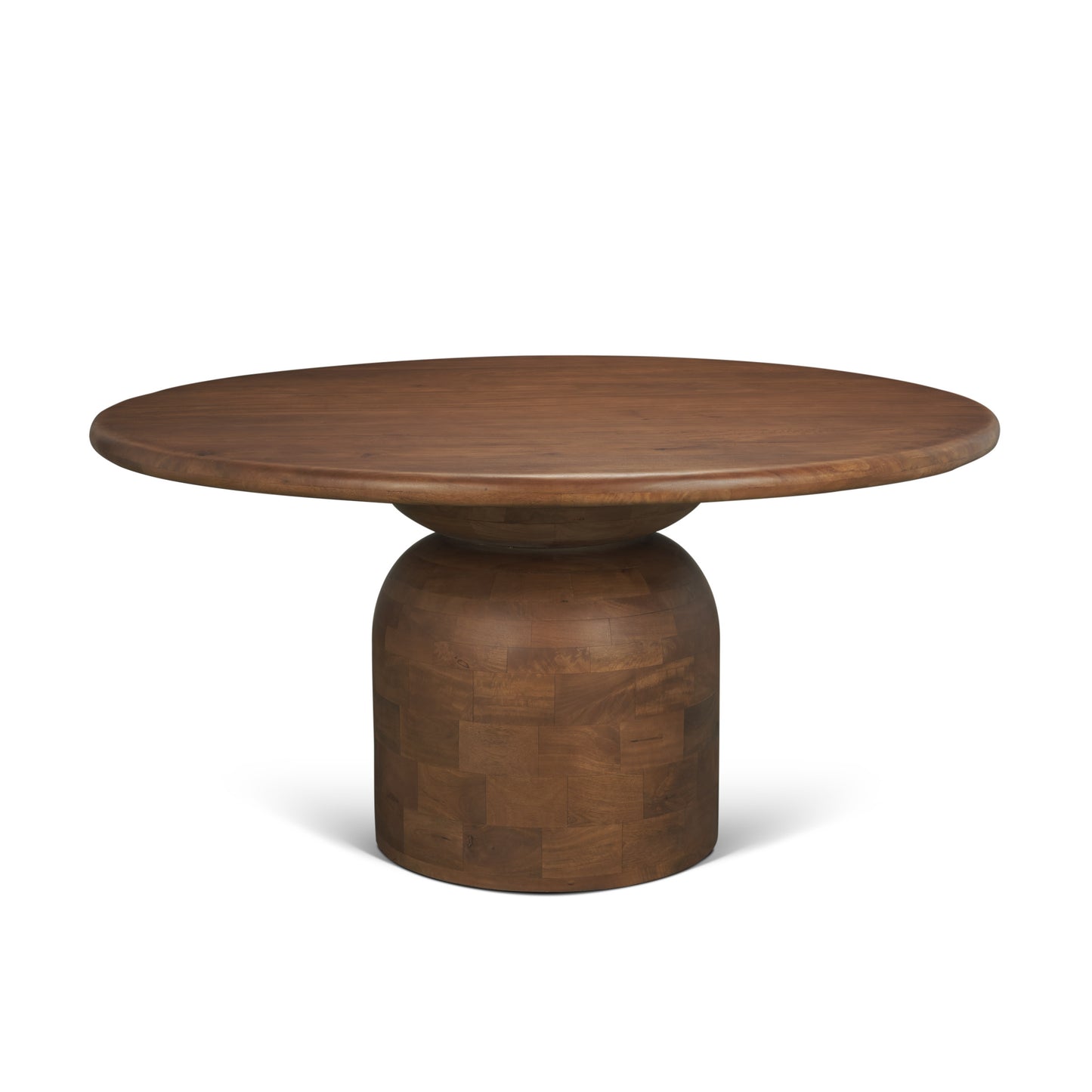 Atlas Mid‑Brown Wood Round Table with Geometric Pedestal Base