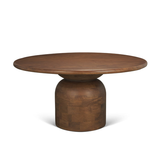 Atlas Mid‑Brown Wood Round Table with Geometric Pedestal Base