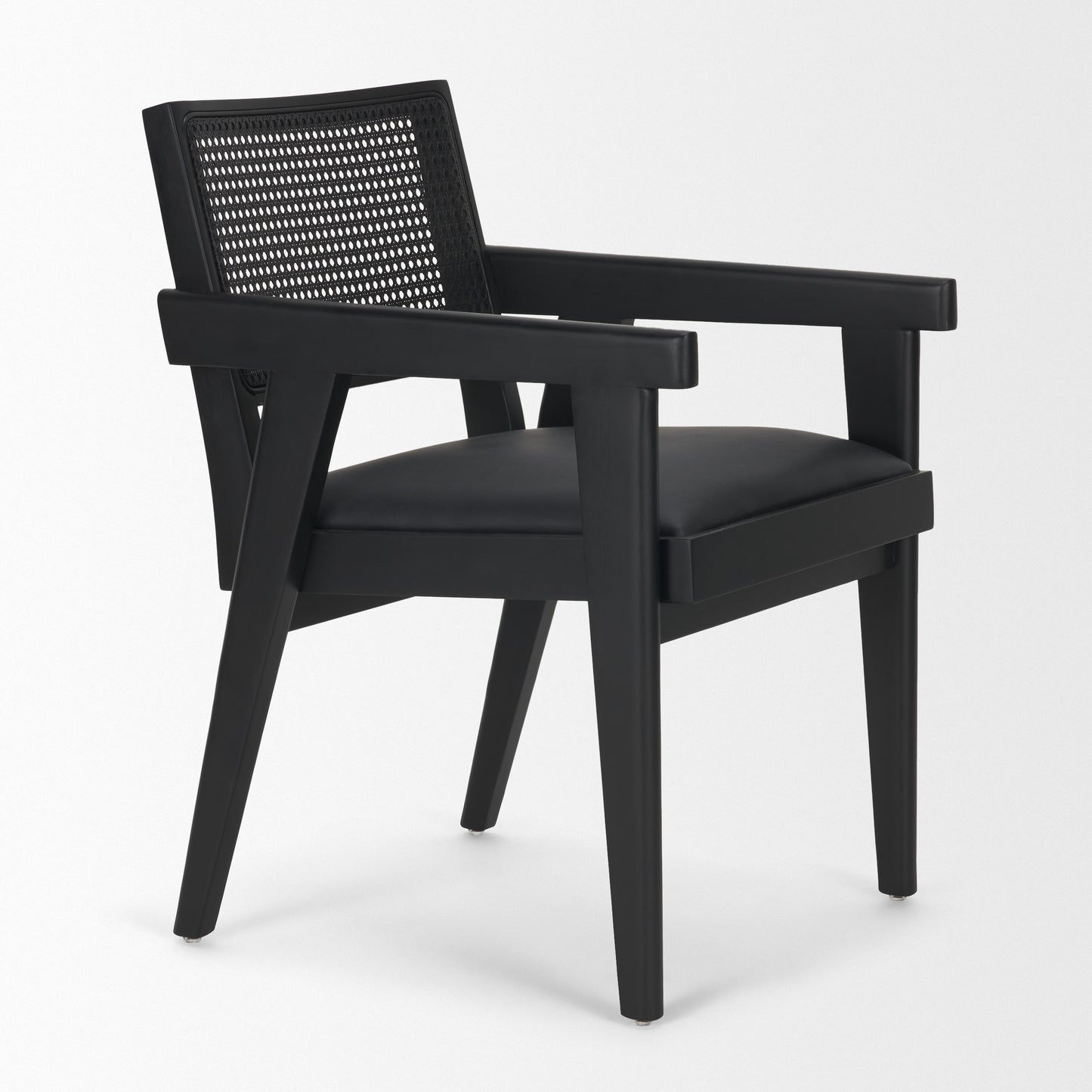 Reid Black Cane and Black Leather Dining Armchair