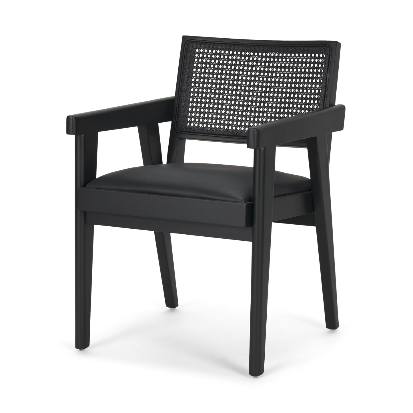 Reid Black Cane and Black Leather Dining Armchair