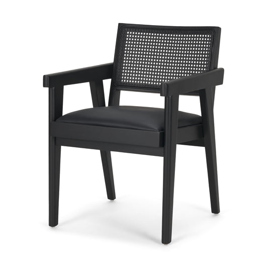 Reid Black Cane and Black Leather Dining Armchair