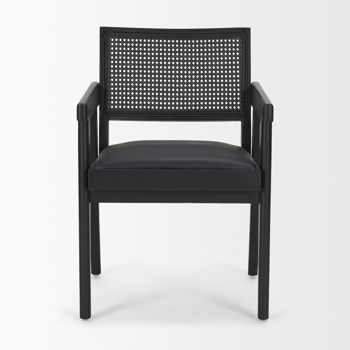 Reid Black Cane and Black Leather Dining Armchair